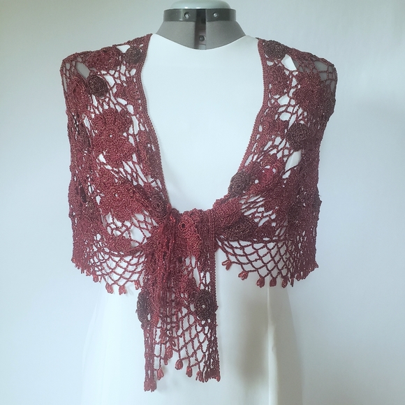None Accessories - Crocheted Beaded Floral Wrap Shawl